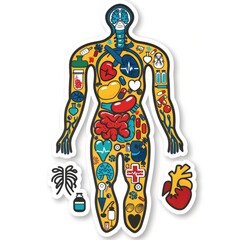 Wall Mural - Fun medicine healthcare cartoon sticker for health education, isolated on white with cut-out edge - quirky and informative