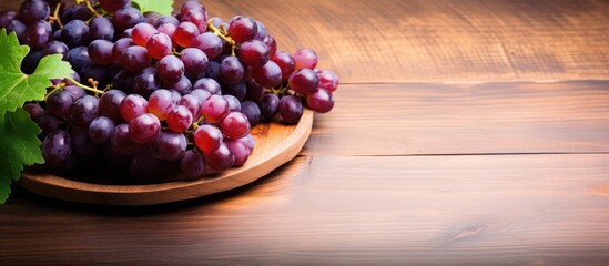 Poster - Rustic Charm: Fresh Grapes Resting in a Wooden Bowl Showcasing Nature's Bounty