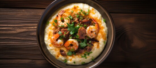 Poster - Gourmet Fusion: Savory Masoor Bowl with Succulent Shrimp and Cheesy Goodness