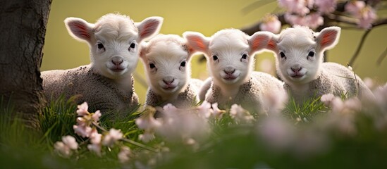 Wall Mural - Three Playful Lambs Frolic Among Vibrant Wildflowers in a Sunlit Meadow