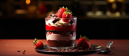 Canvas Print - Indulgent Chocolate Drizzled Strawberry Dessert Served in Elegant Glass