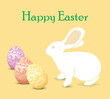 Easter eggs with floral pattern and white bunny. Happy Easter. Beige vector greeting card