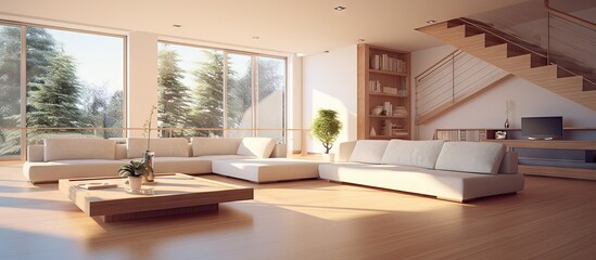 Poster - Contemporary Living Room Featuring a Stylish Staircase Design and Comfy Sofa