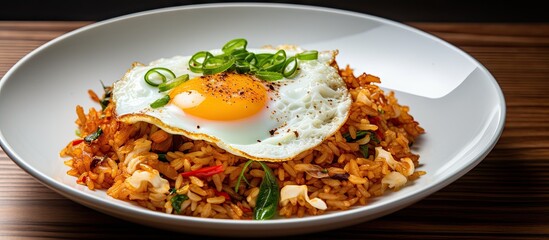 Poster - Delectable Korean Kimchi Fried Rice Served with Fried Egg in a White Plate