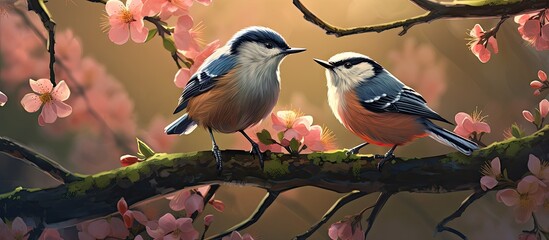 Sticker - Vibrant Spring Encounter: A Duo of Colorful Birds Perched on a Blossoming Tree Branch