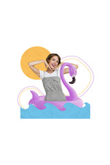 Sticker - Creative collage photo advertisement swimming pool resort waves girl wear inflatable lifebuoy ring flamingo isolated on yellow background