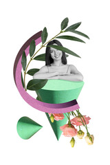 Wall Mural - Collage artwork graphics picture of funny dreamy lady enjoying flower plants isolated painting background