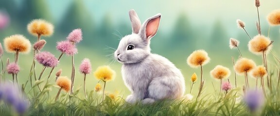 Wall Mural - A rabbit is sitting in a field of flowers
