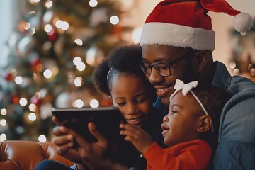 a man and two children are looking at a tablet screen together.