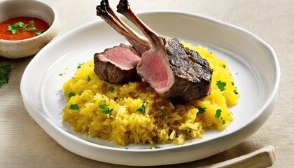 Wall Mural - A plate of lamb chops and rice with parsley and cilantro