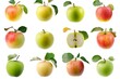 Collection of natural apples with leaves isolated on white background.