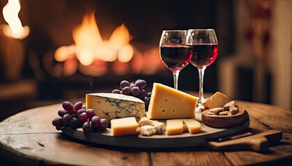 A table with a cheese platter, grapes, and wine glasses