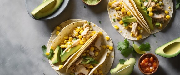 Wall Mural - Two tacos with corn and chicken, and a bowl of guacamole