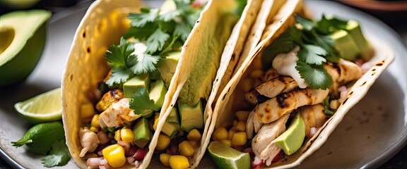 Wall Mural - Three tacos with chicken, corn, and lime on a plate