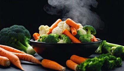 Wall Mural - A black bowl filled with a variety of vegetables including broccoli, cauliflower