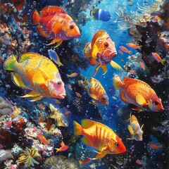 Diverse Marine Fish: Colorful and diverse marine fish swimming in a coral reef, capturing the beauty of underwater life