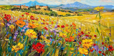 This painting depicts a lively, colorful field of flowers with a scenic view of mountains and houses in the background