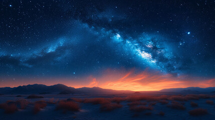 Milky Way and pink light at mountains. Night colorful landscape. Starry sky with hills at summer. Beautiful Universe. Space background with galaxy. Travel background
