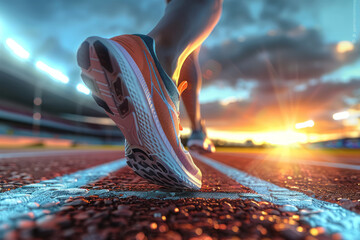 Close-up of running shoes of track and field athletes training at the stadium. Practice and skill improvement concept.