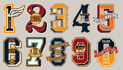 Wall Mural - Varsity collegiate athletic sporting numbers vintage vector artwork for sport wear print and embroidery collection