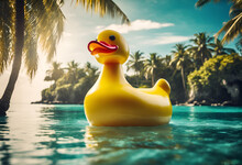 Big Rubber Duck On The Beach With Tropical Backgraund