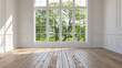 a empty room with wooden floors, white walls adorned and a white window framing a nature view
