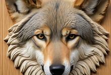 Portrait Of A Wolf, Carved Into Wood, Close-up, Natural Colors, Chiaroscuro