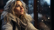Dreamy Young Caucasian Woman with long blond hair with snow flakes looking far away up through a windows with a blurry background