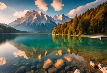  lake and mountains, nature, mountains with blue sky and clouds
