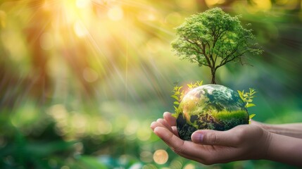 Poster - Hands protecting green tree globe on tropical nature background, Ecology and Environment background