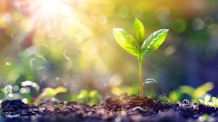 Poster - An image of young plants growing in sunlight. An illustration of an eco-friendly and renewable source of energy.
