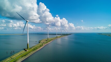 Aufkleber - This is an aerial view of a windmill park in the ocean with wind turbines on Flevoland Netherlands Ijsselmeer.
