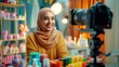 © Clearmind - Joyful Young Muslim Female Social Media Influencer Wearing a Hijab Promotes Cosmetic Products in Behind-the-Scenes Interview (Horizontal Photo 16:9)