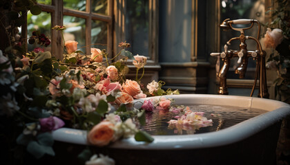 Wall Mural - romantic setting floral decoration in the bath for spa treatments. flowers in the bath.