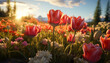 field of tulips in sunlight. tulips blooming.