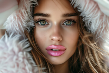 Wall Mural - Close-up of a young woman with striking blue eyes, pink lips, and a furry hood, exuding a soft, ethereal beauty and allure.
