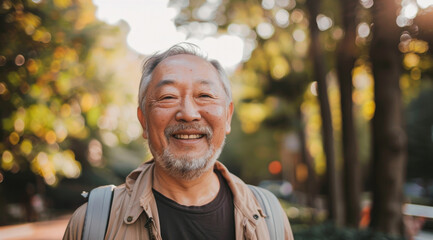 Wall Mural - Mature, man and portrait of a male laughing in a park for peace, contentment and vitality. Happy, smiling and chinese person radiating positivity outdoors for peace, happiness and exploration