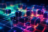 Futuristic 3d digital illustration of a neon blockchain network with glowing cubes, abstract encryption, and cyber security technology on a virtual grid background in blue and purple lights