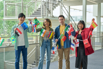 Poster - Multinational people holding national flags. International relationship.
