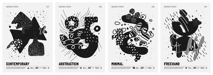 Leinwandbilder - Black and White vector minimalistic Posters with bizarre abstract geometric unusual shapes and forms with textures in matisse style, Hand drawn modern wall art with aesthetic naive figures, set 10