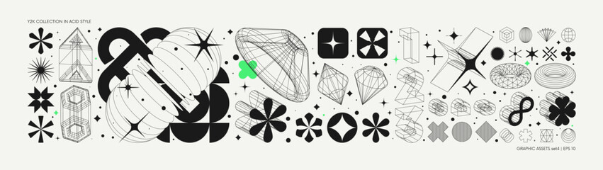Leinwandbilder - Vector graphic assets set in acid style, retro futuristic background with wireframe elements of different forms, bold modern shapes for design template, poster, stickers, banner in Y2k style set 3