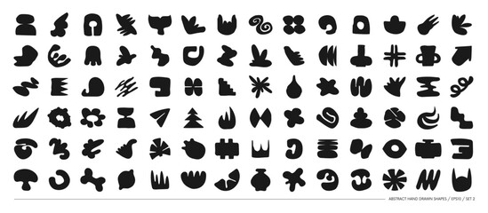 Aufkleber - Set of silhouettes minimalistic bizarre abstract geometric unusual shapes and forms in matisse art style, Hand drawn monochrome primitive, Big vector doodle objects and graphic elements, set 2