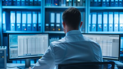 A focused healthcare professional is utilizing a Document Management System (DMS) on a computer to streamline patient data for efficient telemedicine consultations.