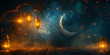 Ornate Crescent Moon Adorned with a Hanging Golden Lantern Islamic Concept Background, Ramadan ambiance with glowing lanterns, crescent moons, and starry brilliance, 
