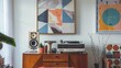 © doraclub - A well-appointed room featuring a vintage turntable, speaker, and modern artwork, blending retro and contemporary styles.