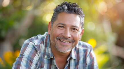 Wall Mural - Mature, man and portrait of a male laughing in a park for peace, contentment and vitality. Happy, smiling and hispanic person radiating positivity outdoors for peace, happiness and exploration