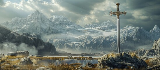 An ancient sword stuck in a rock on dramatic scene landscape background. AI generated image