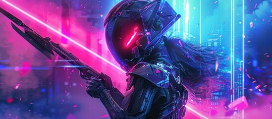 Portrait cyberpunk female warrior with neon light of retro wave style. AI generated image