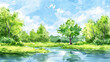 Panoramic landscape of summer green trees and river. B