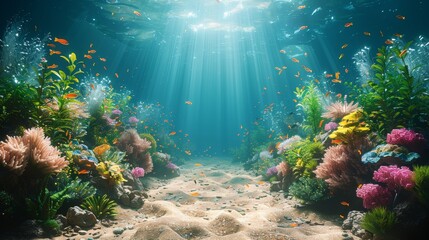 Wall Mural - A tropical seabed surrounded by reefs and sunshine underwater